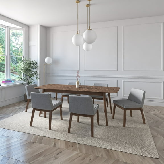 Midtown Concept Canberra 7-Piece Walnut Extendable Dining Set With Upholstered Chairs, Light Grey