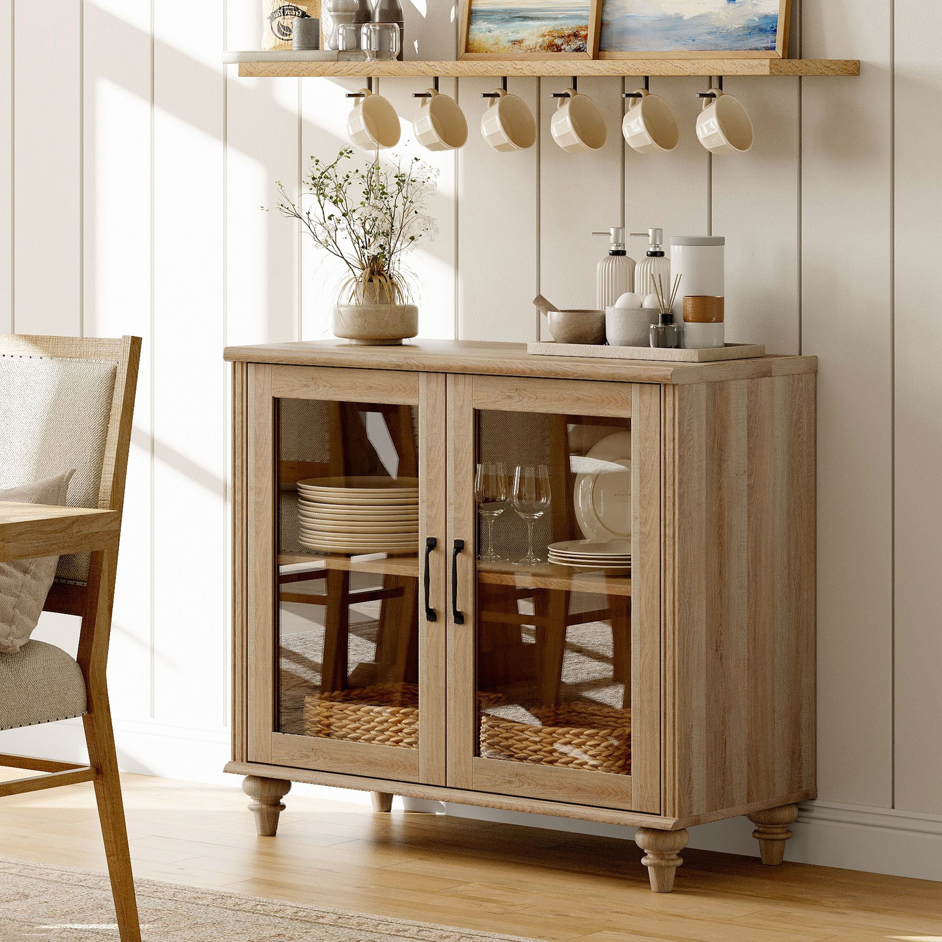 Oak Buffet Cabinet with Glass Door