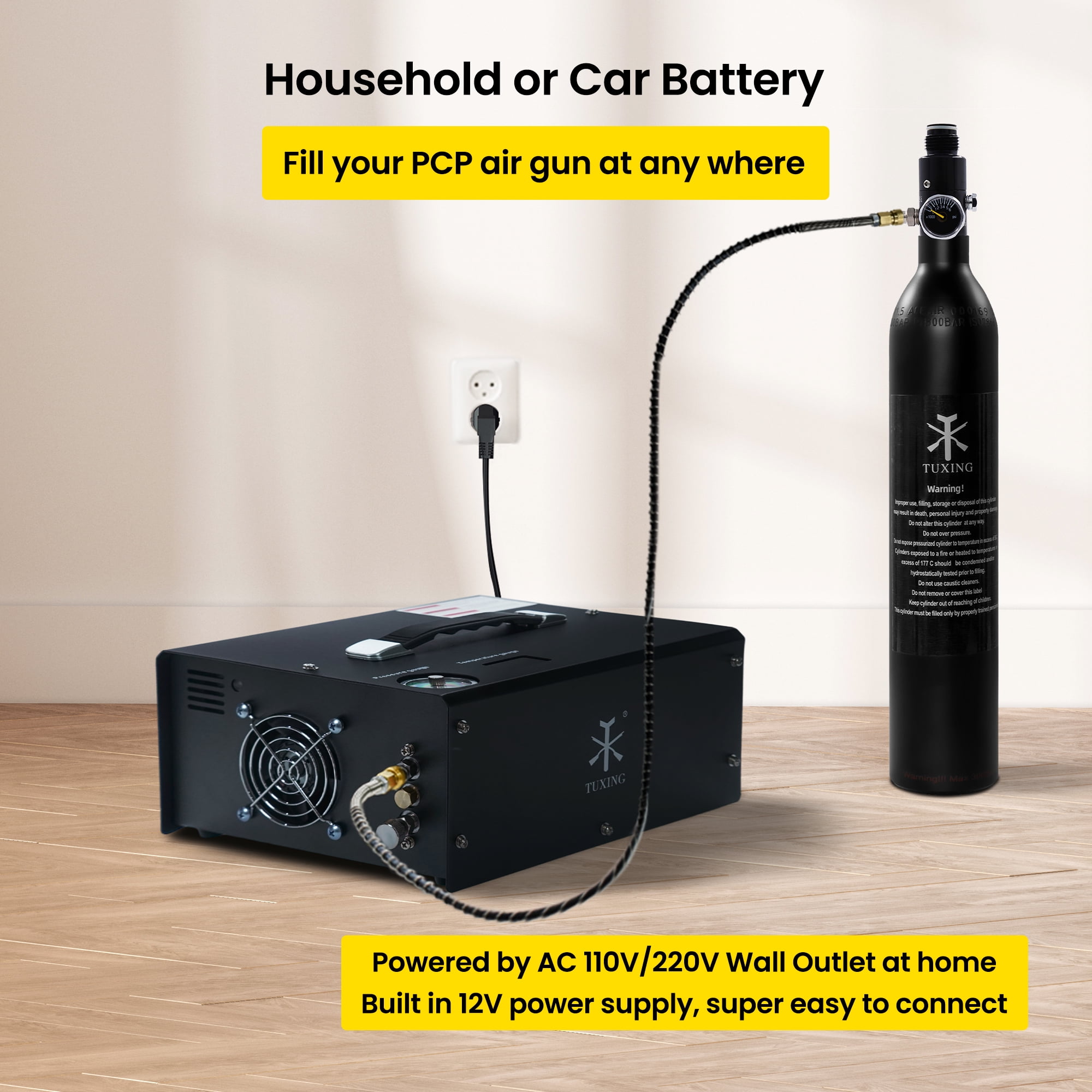 TUXING Portable PCP Air Compressor, 4500Psi/30Mpa, Auto Stop,Oil-Free,Built-in Converter Powered by Car 12V DC or Home 110V AC,Paintball Tank Compressor with Extra Moisture-Oil Separator