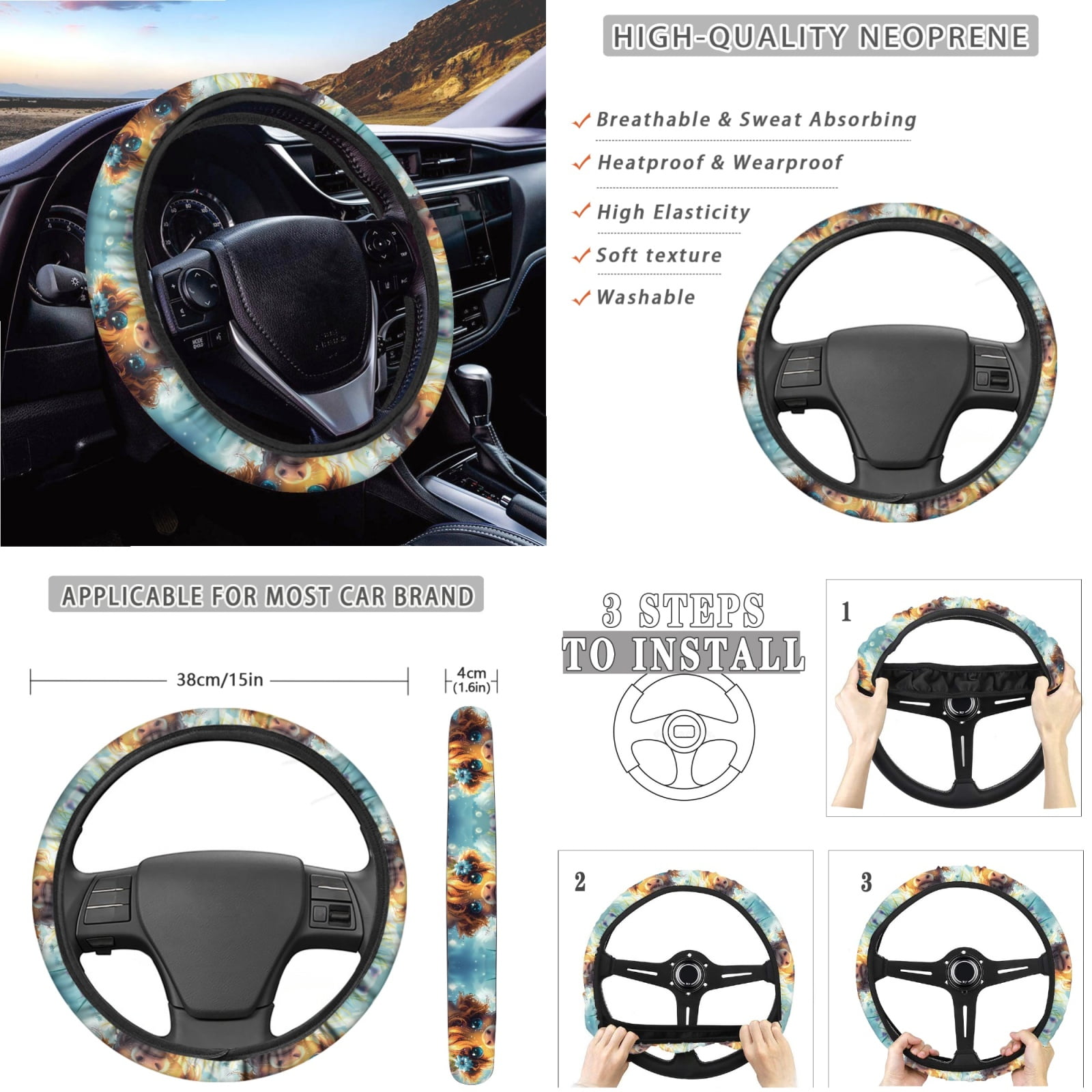 Yuyamidu Highland Cow Car Seat Covers Set 14pcs Cute Auto Seat Protector with Steering Wheel Cover Seat Belt Pads Garbage Bag Armrest Cover Handbrake Cover Set Rear View Mirror Protector Coasters