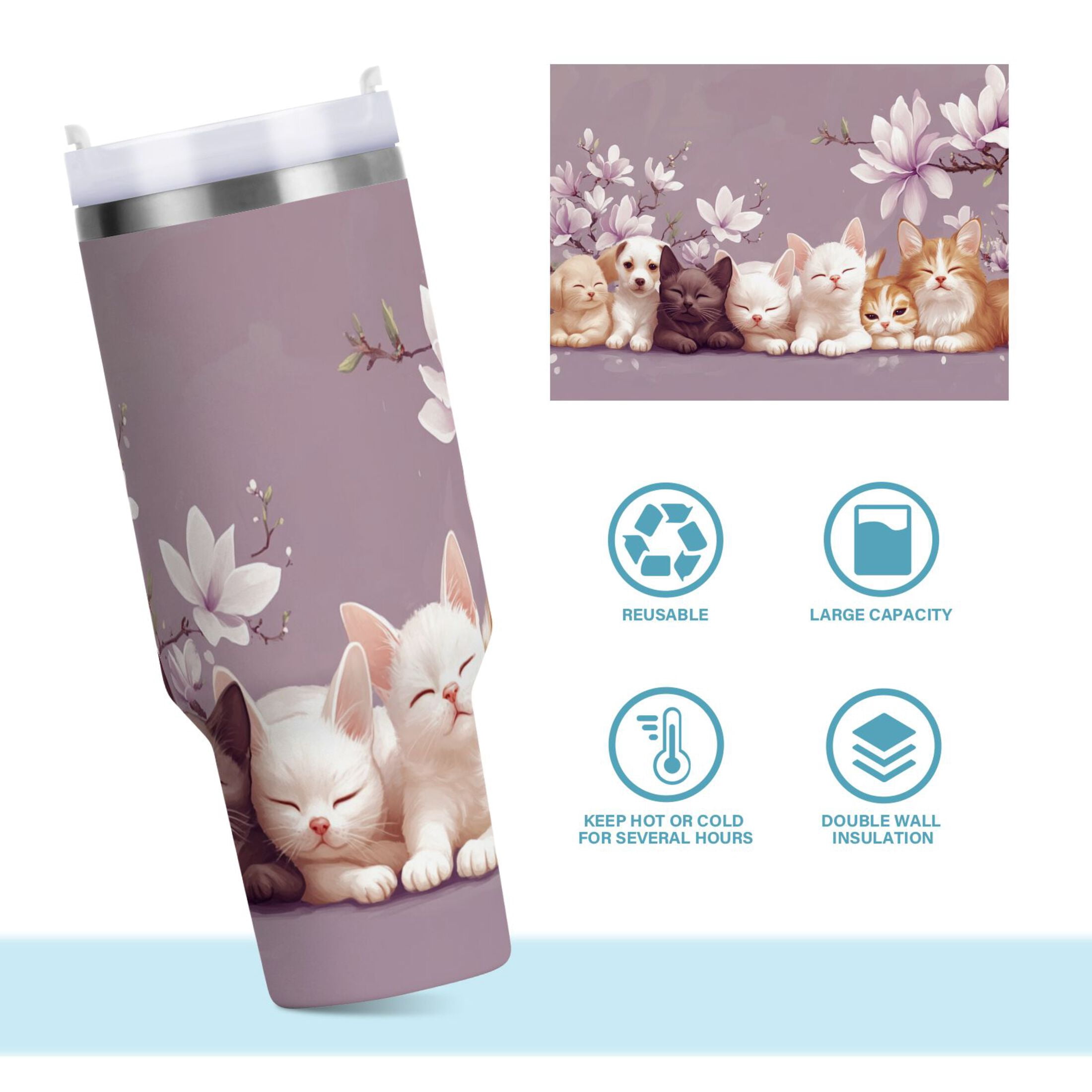 YAZAOO Tumbler 40oz Insulated Stainless Creative Kittens and Puppies with Flowers Pattern Steel Water Bottles