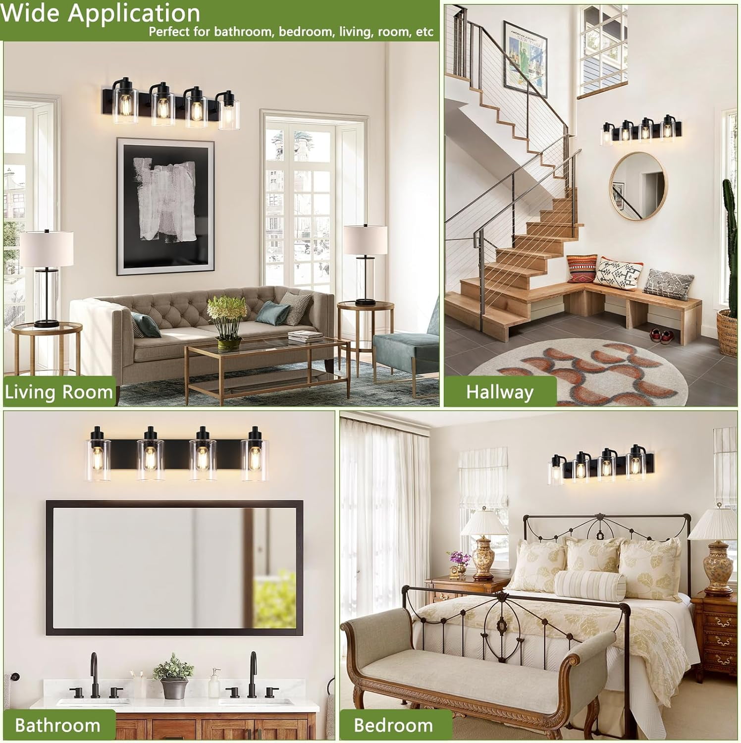 4-Light Bathroom Vanity Light Matte Black Bathroom Lights over Mirror with Clear Glass Shade for Bedroom,Living Room