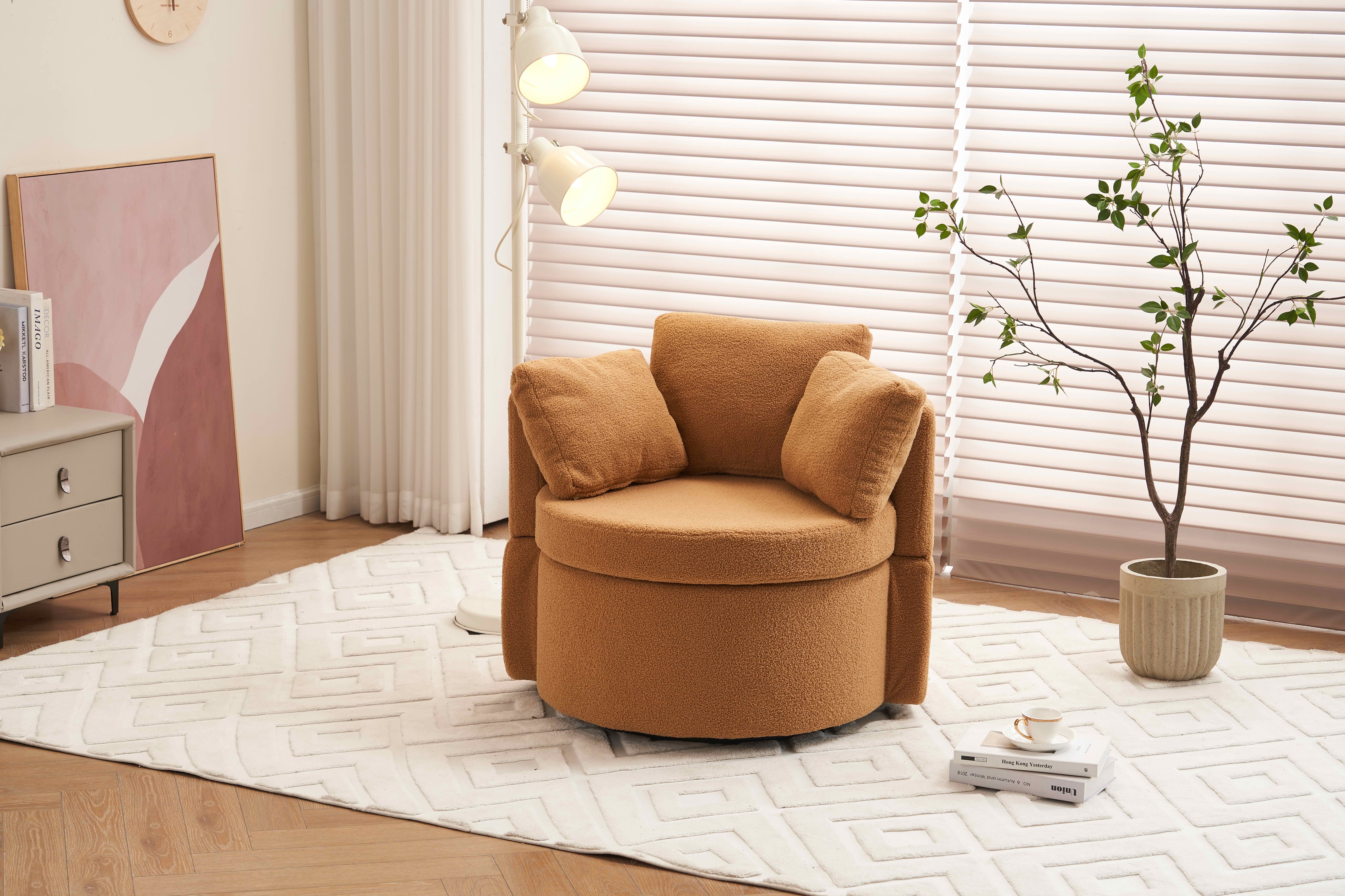 MAYEERTY Teddy Fabric Swivel & Storage Chair, with Back Cushion for Living Room, Khaki