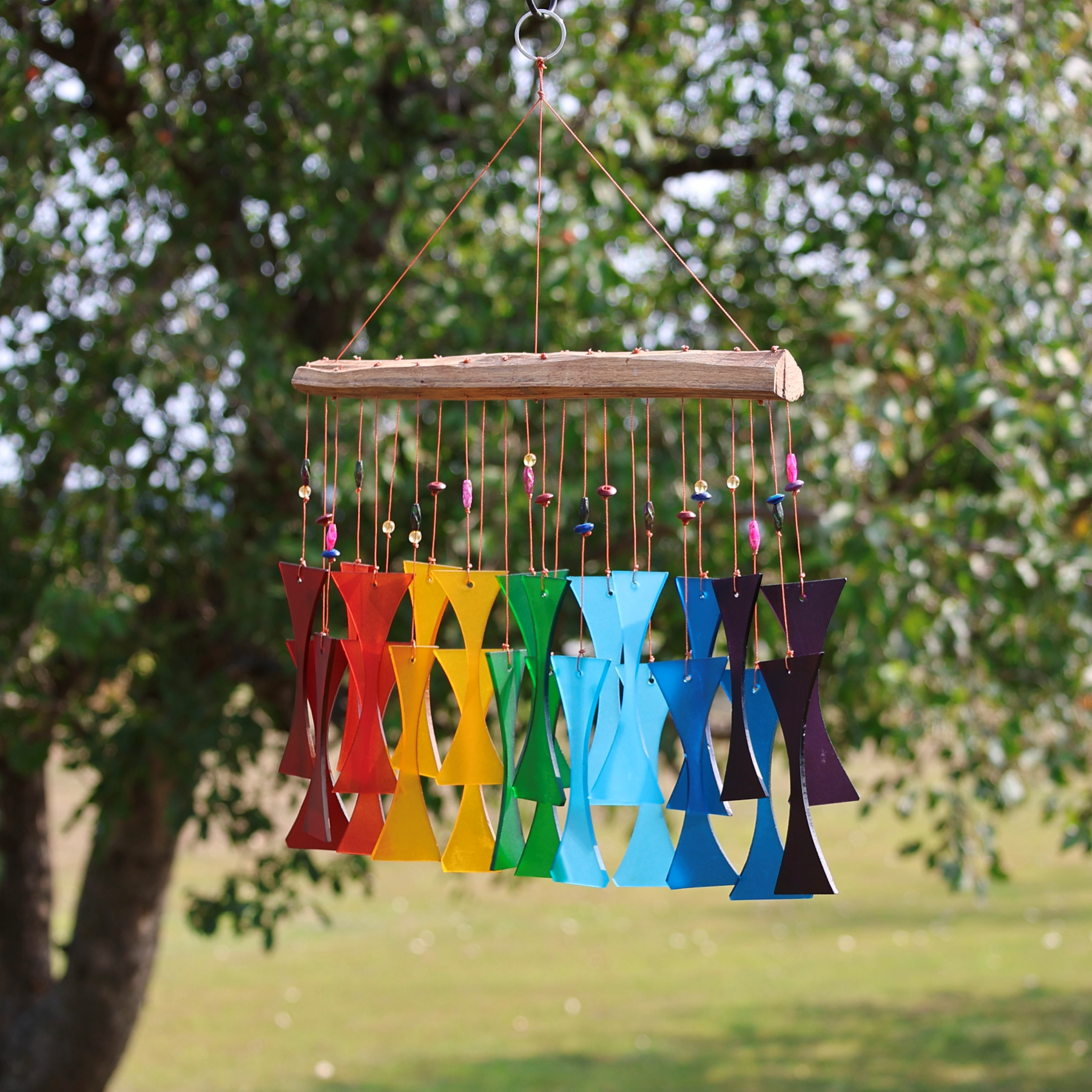 Blue Handworks Rainbow Beaded Glass & Driftwood Cast Off Wind Chime - Sandblasted Glass and Found Wood Handcrafted Outdoor and Garden Windchime
