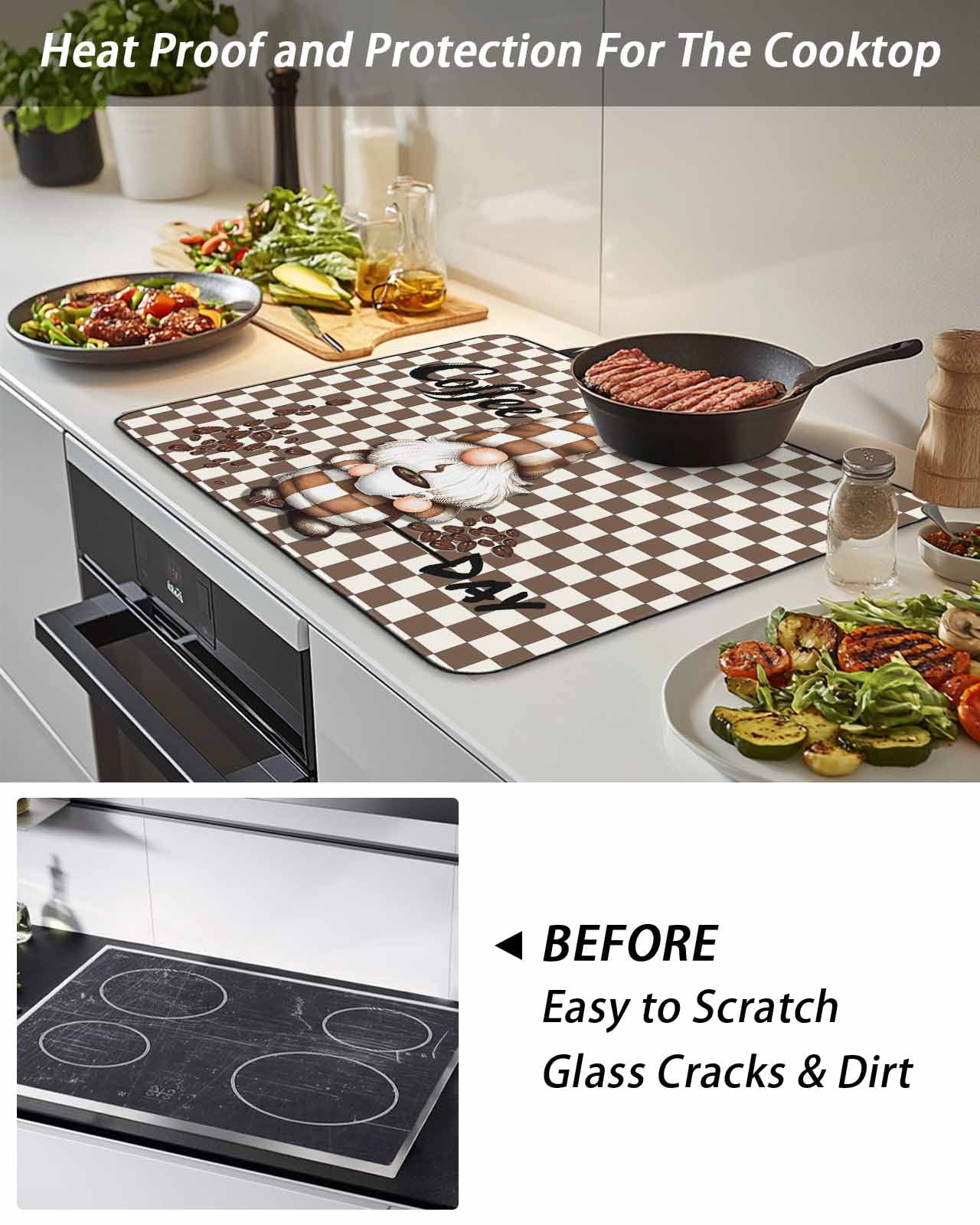 Stove Top Covers for Electric Stove 24x21 Inches, Brown Gnome Heat Insulation Fireproof Glass Cooktop Protector, Coffee Beans Vintage Plaid Abstract Countertop Stovetop Cover for Kitchen