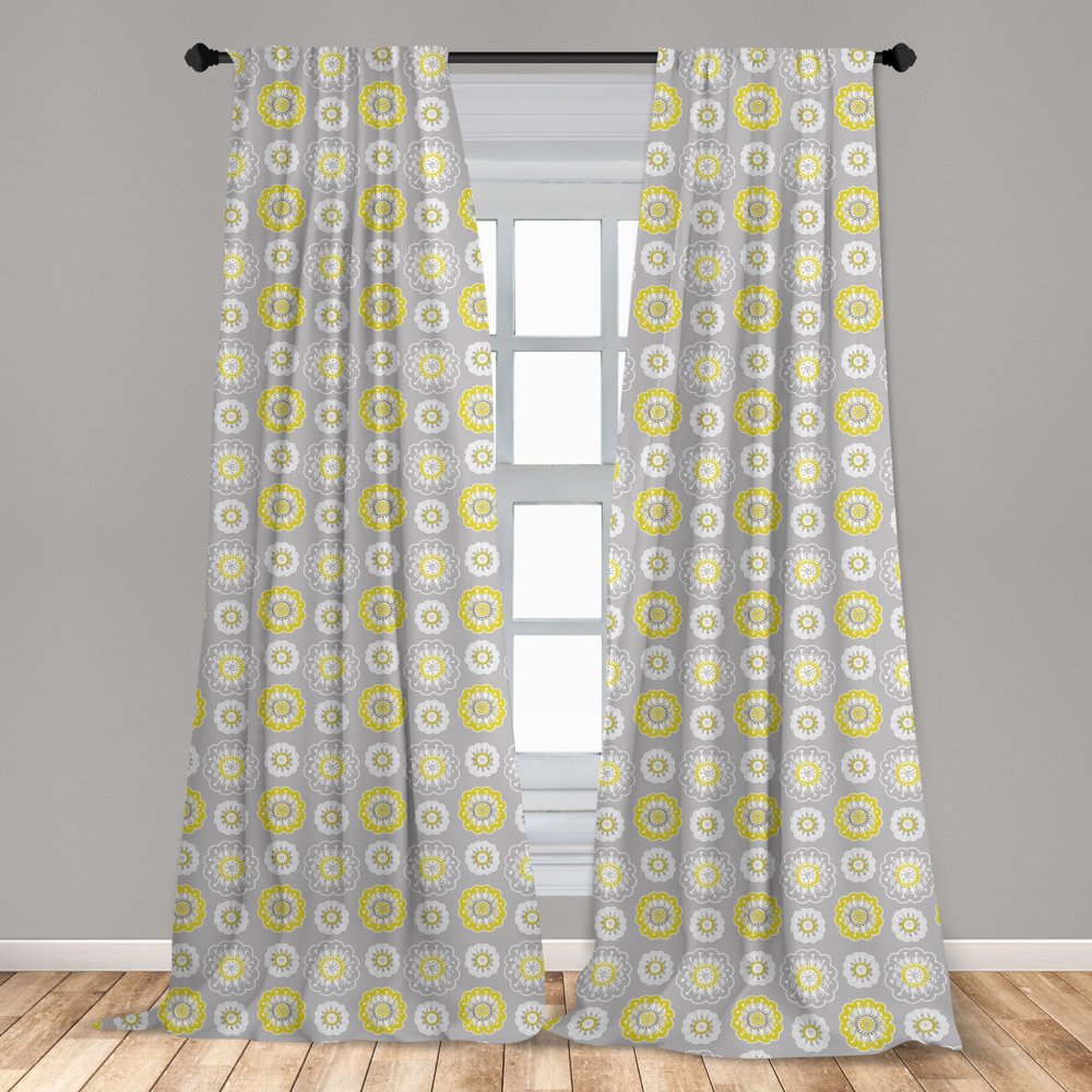 Grey and Yellow Curtains 2 Panels Set, Pale Grey Backdrop with Inspired