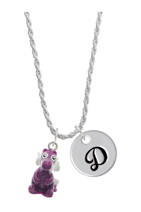 Resin Purple Dragon Darling Silvertone Script Initial Disc - D - Charm Necklace, 20"+3"