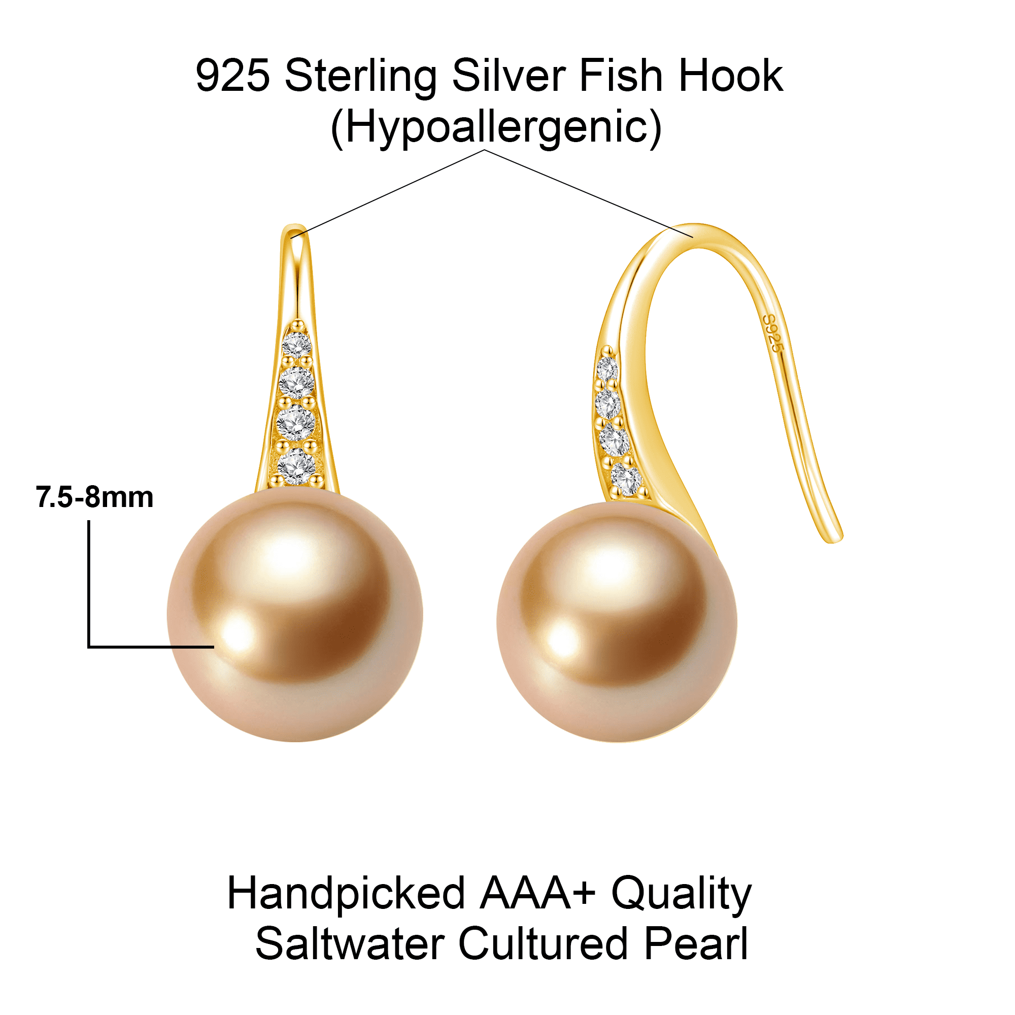 YAMI 7.5-8mm Golden Pearl Earrings, 925 Sterling Silver Drop Dangle Earrings with CZ, Cultured Pearl Jewelry Gift for Women