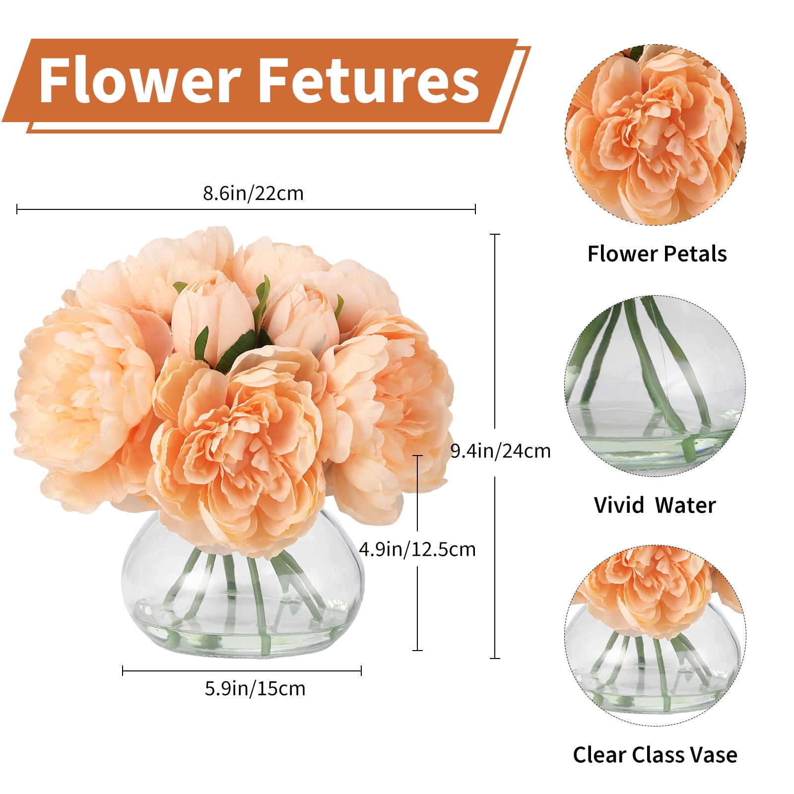 Artificial Silk Peony Flowers in Glass Vase - 10 Inch Faux Peony Arrangement with Faux Water, Realistic Touch, Table Centerpiece for Home, Wedding, Office Decor