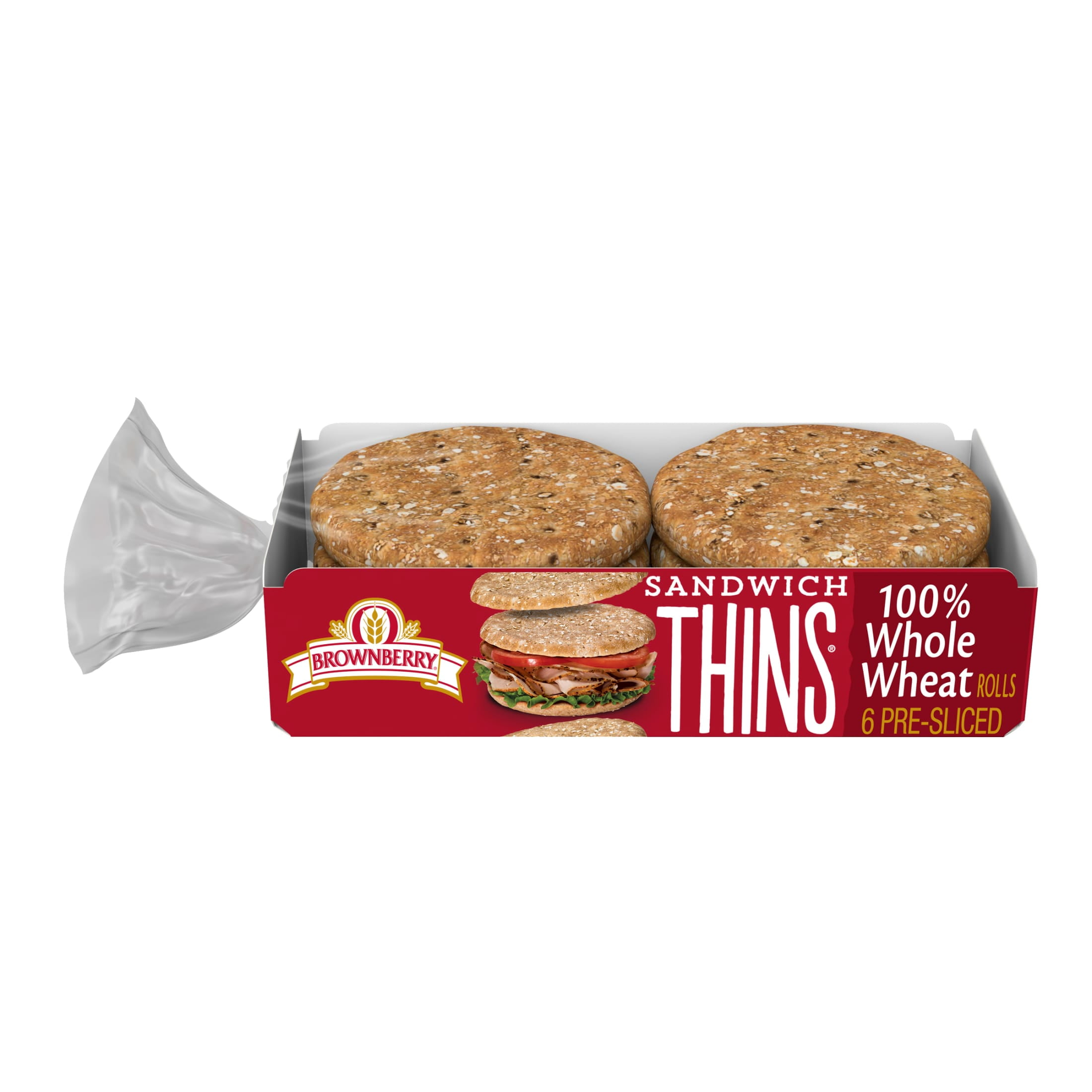 Brownberry Sandwich Thins Whole Wheat Rolls, 6 count, Pre-sliced Sandwich Thins, 12 oz Bag