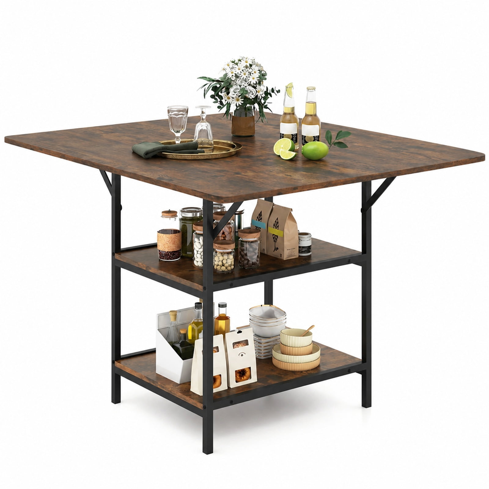 Furnibear 47 Inch Rectangular Dining Table for 4 to 6 with 2 Open Storage Shelves and Sturdy Metal Legs for Kitchen and Dining Room, Rustic Brown