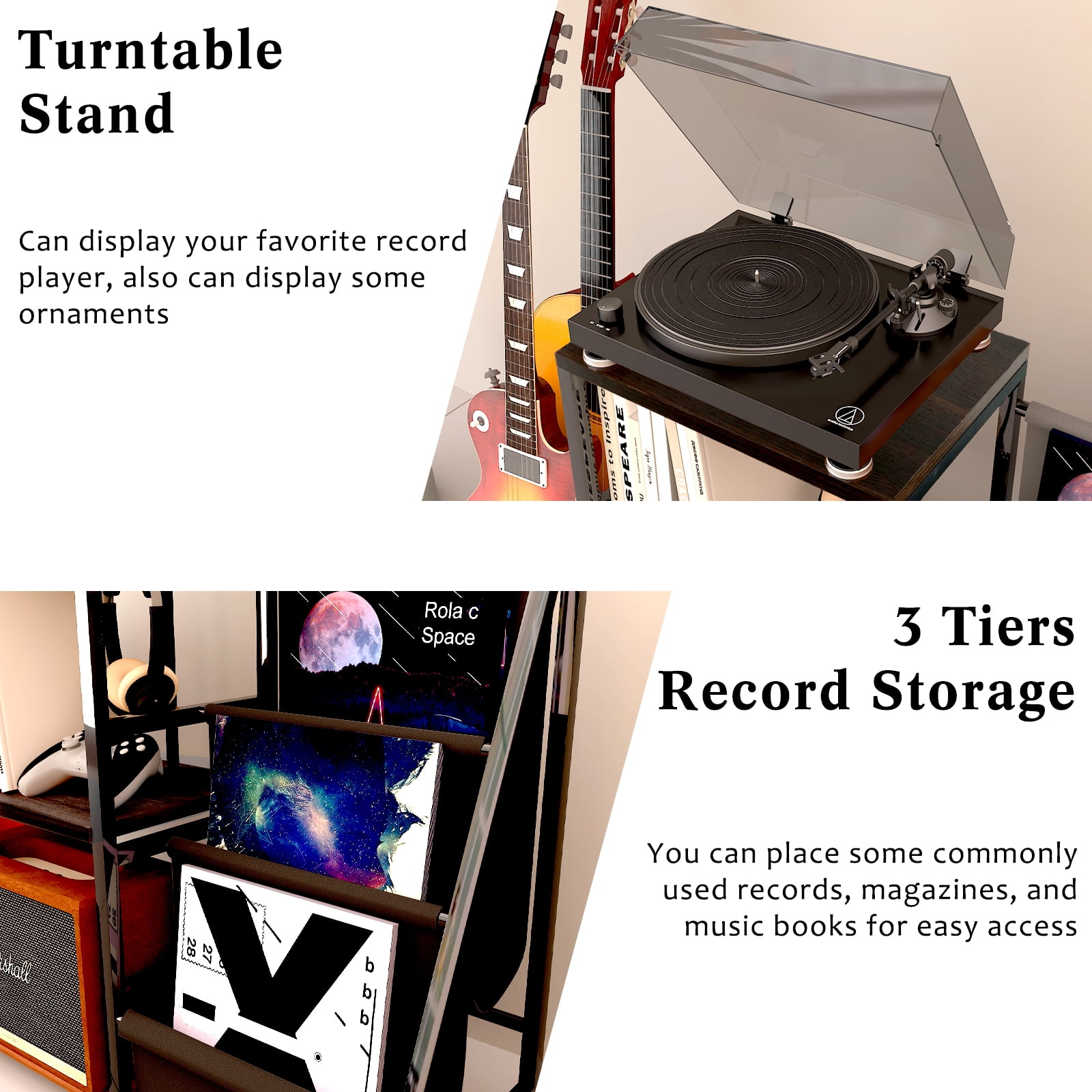 EASTROCK Guitar Stand & Record Player Stand with 3-Tier Vinyl Storage & Amp Stand for Music Room/Studio,Metal Shelf and Wooden Boards