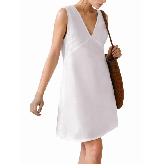 Women'S Summer Sleeveless Mini Dress Cotton Linen V Neck Cinched A Line Slim Tank Short Dress White L