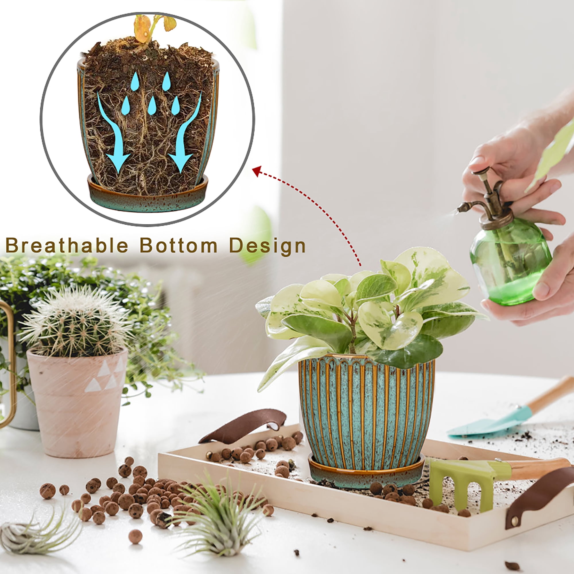 2 Pcs Ceramic Pots 4.9 &5.7 inch Plant Flowers Pots with Saucer and Drainage Holes Blue