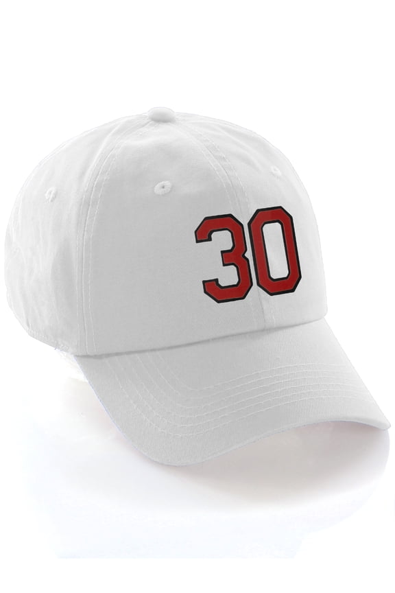 Customized Number Hat 00 to 99 Team Colors Baseball Cap, White Hat Black Red Number 30
