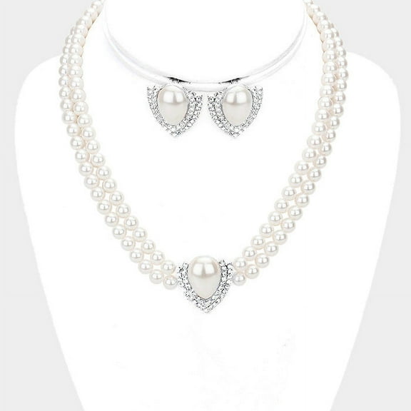 Pierced silver, white pearl pointed necklace and earring set with clear stones