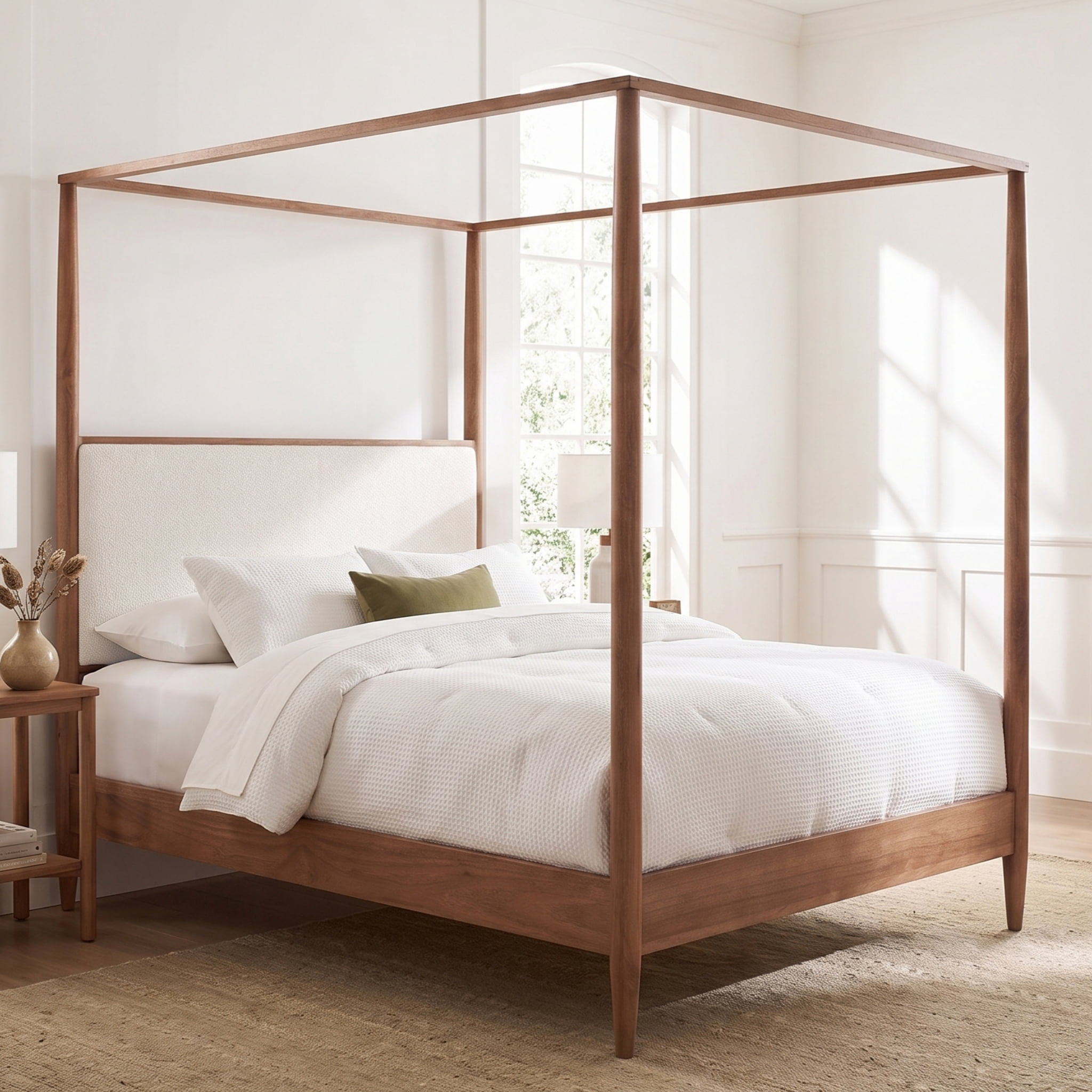 Euroco Modern Wood King Size Canopy Bed, Mid-Century 4-Poster Platform Bed with Boucle Upholstered Headboard and Tapered Legs, No Box Spring Needed, Walnut