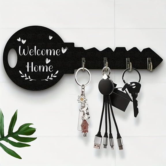 Key Holder Wall Mount-Key Shaped Wooden Key Rack with 4 Hooks for Entryway and wall decoration-Welcome Home-Black key rack