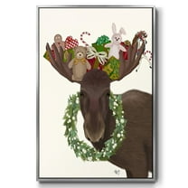 Christmas Moose and Christmas Gifts - Framed Gallery Wrapped Holiday Canvas - 17 x 25 - Silver Frame