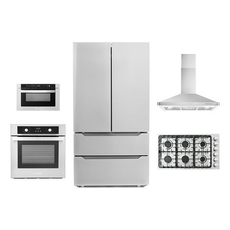 5 Piece Kitchen Package With 36" Gas Cooktop 36" Wall Mount Range Hood 24" Single Electric Wall Oven 24" Built-In Microwave Drawer & French Door Refrigerator