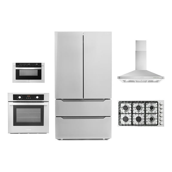 5 Piece Kitchen Package With 36" Gas Cooktop 36" Wall Mount Range Hood 24" Single Electric Wall Oven 24" Built-In Microwave Drawer & French Door Refrigerator