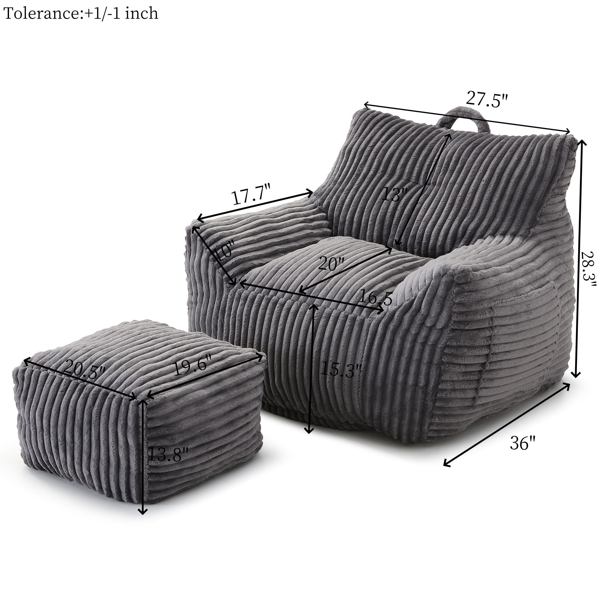 Giant Plush Bean Bag Chair for Adults with Armrests and Footstool, Comfy Beige Beanbag Chaise Lounge Lazy Floor Sofa Chair for Living Room, Bedroom & Dorm, Cozy Fluffy Cloud Mini Couch (Gray)