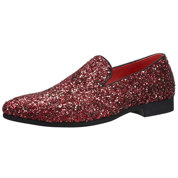 Santimon Mens Dress Shoes Paillette Loafers Metallic Slip-On Casual Business Shoes Red US 10.5