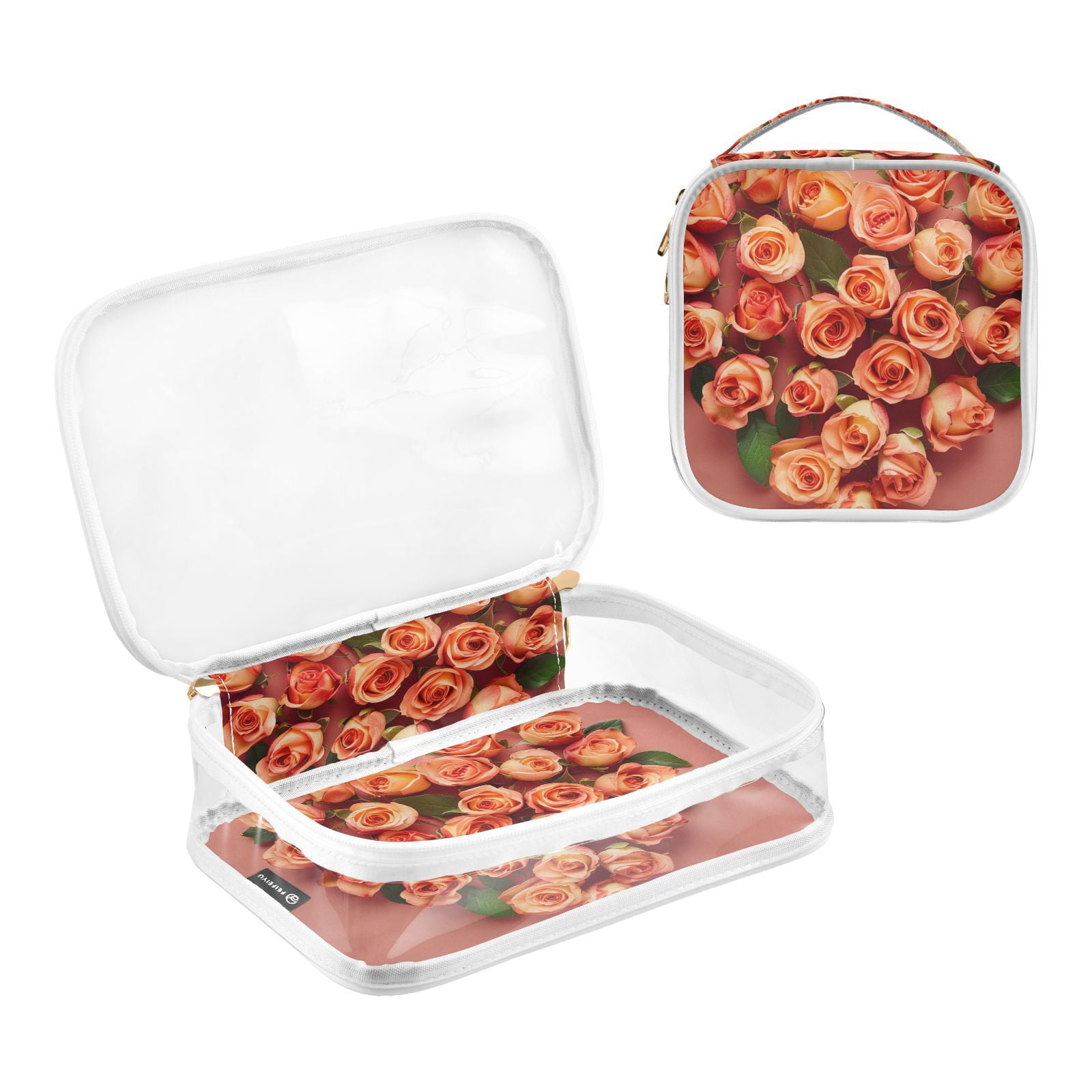 Clear Makeup Bags with Handle Large Opening 2 Pack Set Toiletry Bag Quart Size Bag, for Women Man Traveling Travel Essentials, Toiletries and Other. Roses Heart Shape