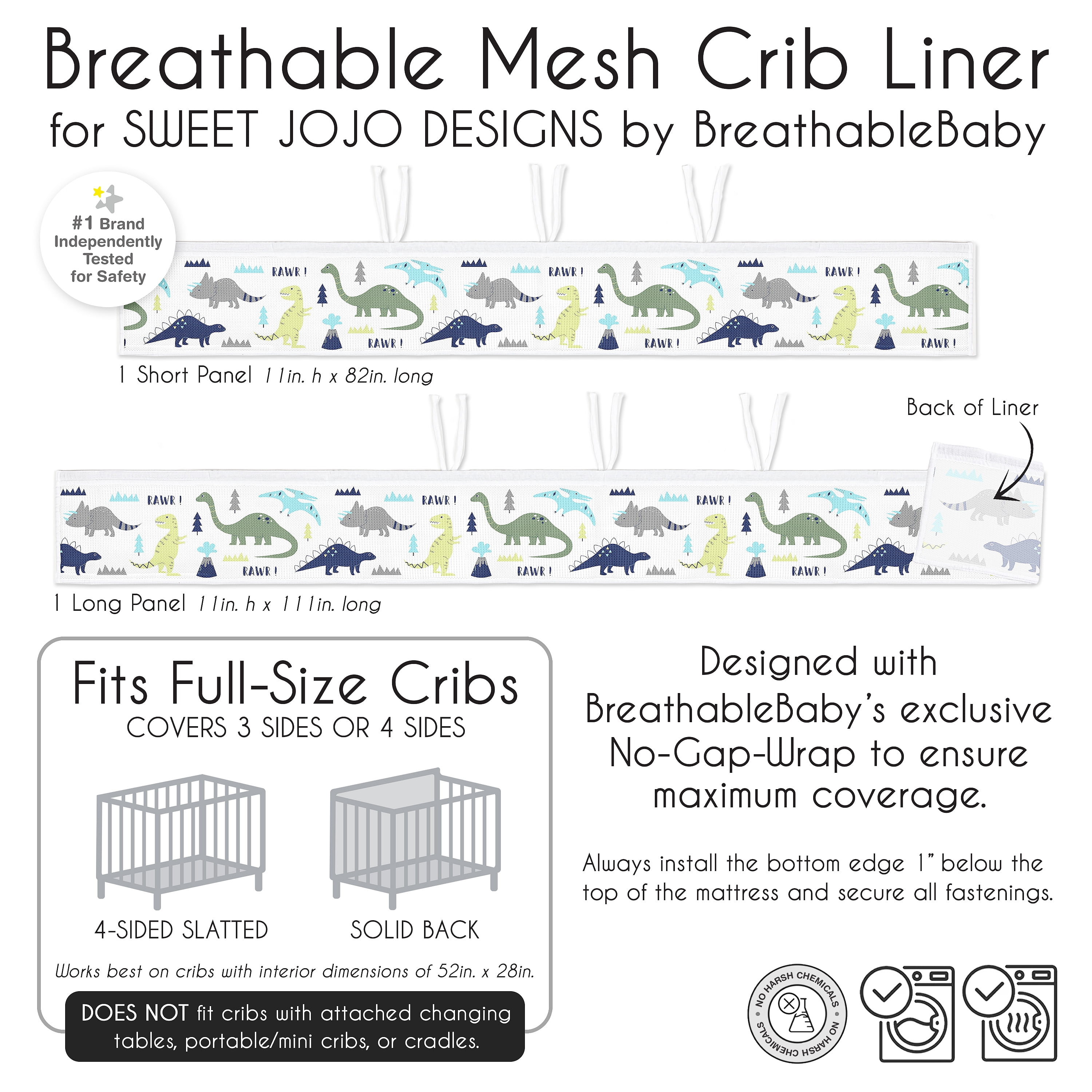 Sweet Jojo Designs + BreathableBaby Mod Dinosaur Blue Green White Breathable Mesh Crib Liner Pad