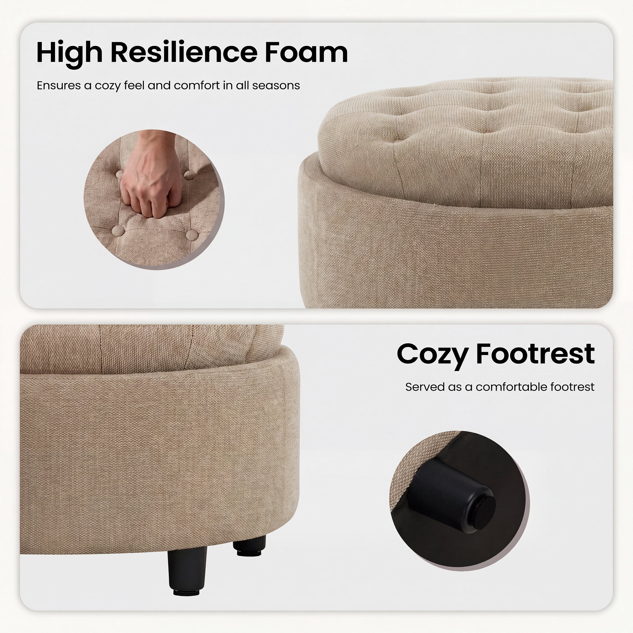 Camel Round Ottoman with Storage and Reversible Tray, Upholstered Fabric Footrest Coffee Table for Living Room, Bedroom, Entryway-25 Inch