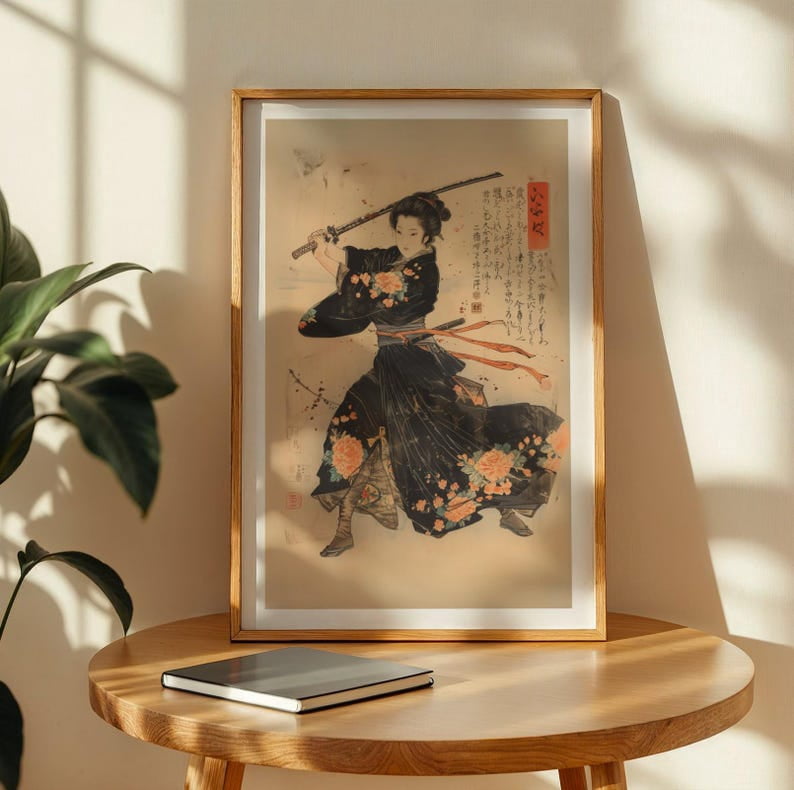 Female Samurai Wall Art Japanese Warrior Onna Bugeisha Katana Print Ukiyo-e Style Zen Decor Poster 12x18 UNFRAMED