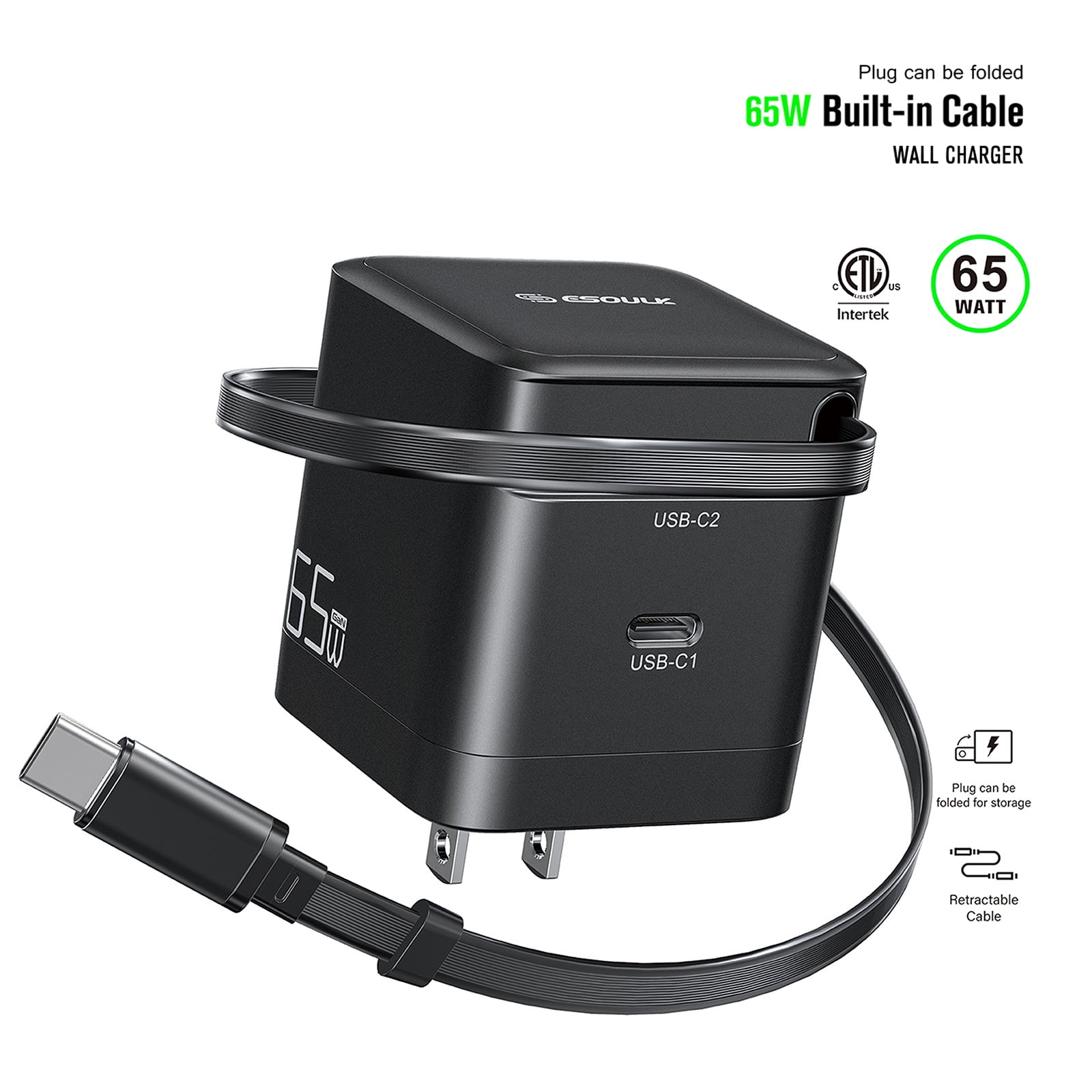 Esoulk 65W Dual USB-C PD 3.0 PPS Wall Charger with Retractable USB-C Cable for Laptops Smartphones