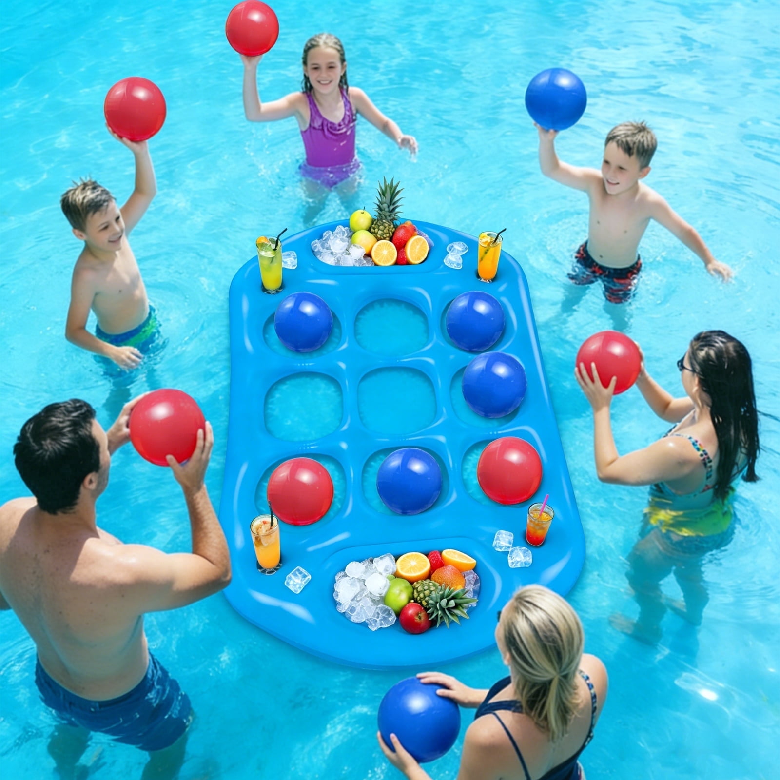 Pool Toys Games Set, Inflatable Floating Tic-Tac-Toe with 12 Balls, Cup Holder and Fruits Colder for Adults Teens Kids 2-8 Players