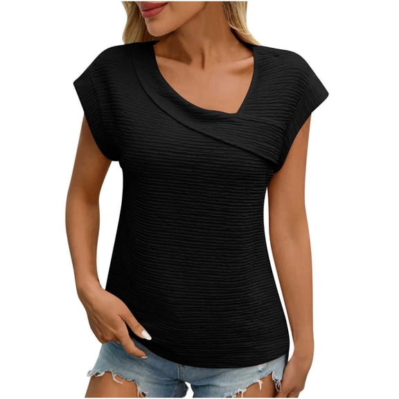 Women’s Tops Dressy Casual Cap Sleeve Asymmetrical Neck T-Shirt Summer Fashion Business Work Shirts ,Black,XXL
