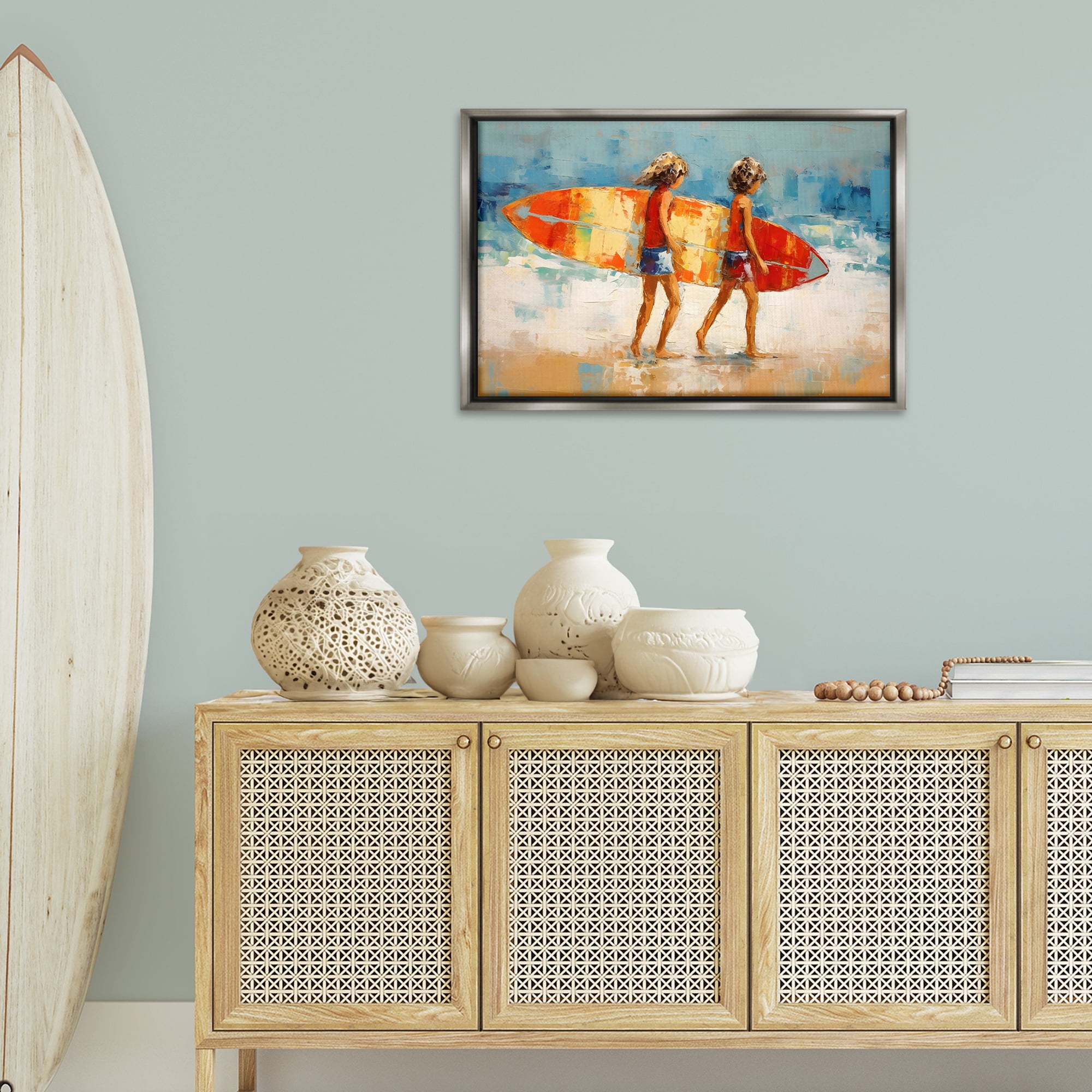 Stupell Industries Kids Holding Surfboard People Painting Gray Floater Framed Canvas Art Print Wall Art, 31 x 21