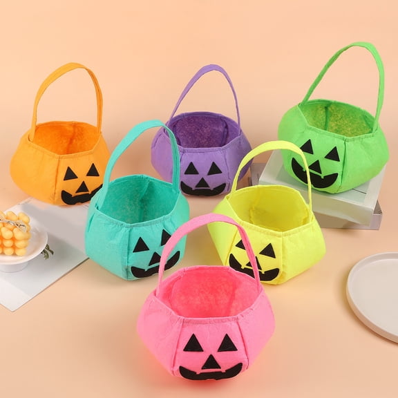 Halloween Pumpkin Candy Bag for Kids, Reusable Non-Woven Trick or Treat Bucket, Pumpkin Face Treat Snack Holder Basket with Handle for Halloween Party Favors