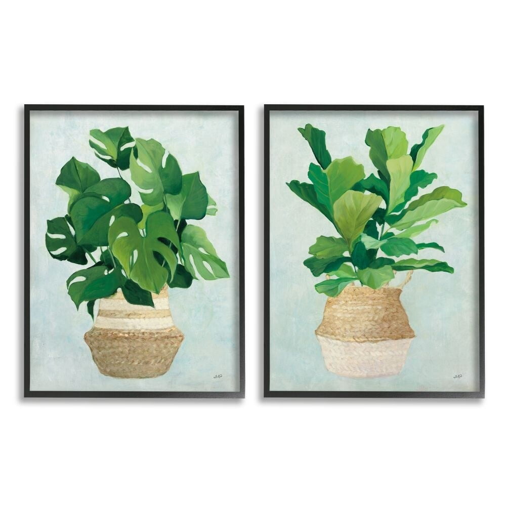 Stupell Industries Serene Monstera Indoor Plant Minimal Green Tan Framed Wall Art Design by Julia Purinton, 2 Piece, 11" x 14", Black Framed
