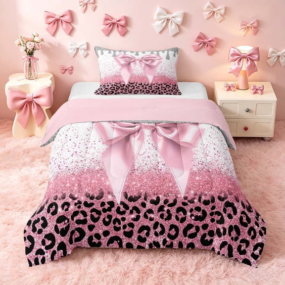 Homewish Pink Bowknot Twin Comforter Sets for Princess Girls, Glitter Cheetah Print Bedding Set, Pink Reversible, 2 Pieces 1 Comforter and 1 Pillowcase