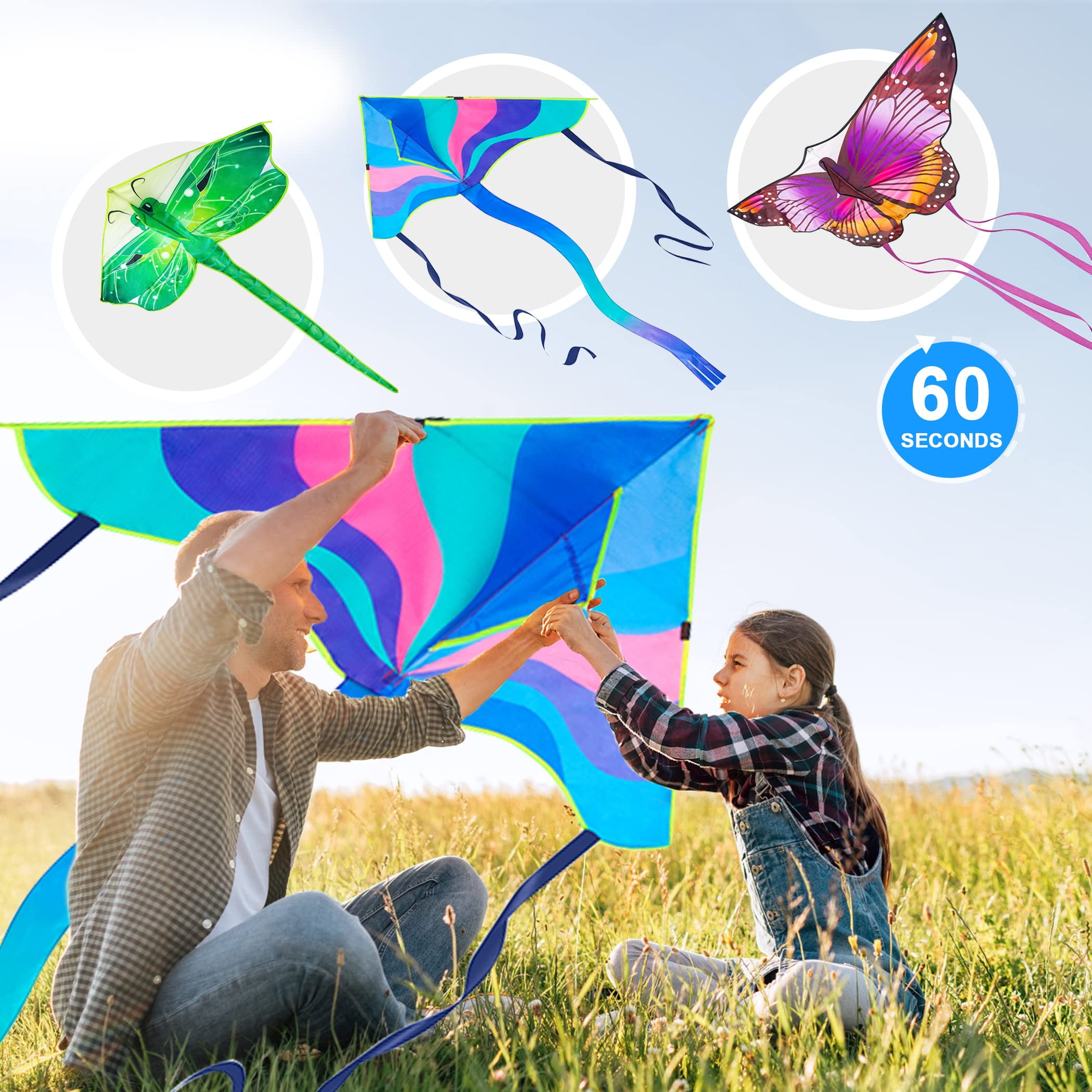 Crogift 3-Pack Large Kite Set Butterfly, Delta, and Dragonfly Easy to Fly Polyester Kites for Kids Ages 4-8 8-12 and Adults