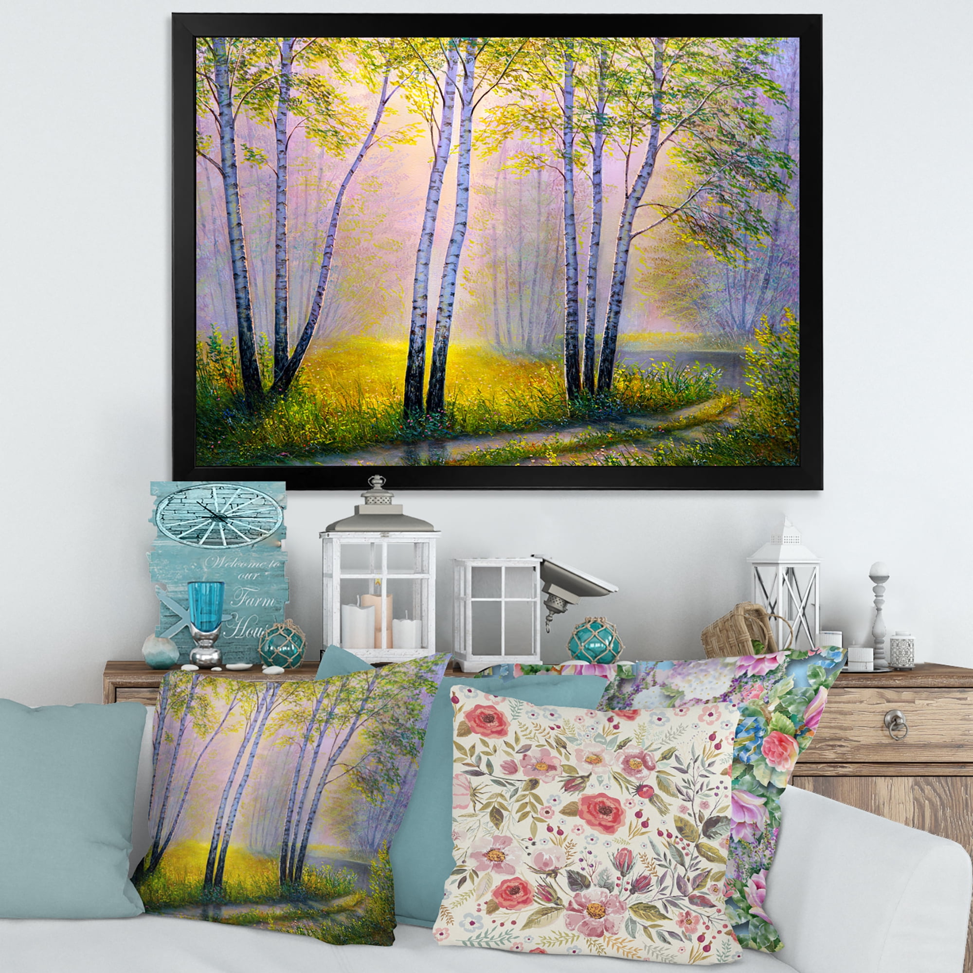 Designart 'Sunrise Glow Through The Birches I' Traditional Framed Art Print