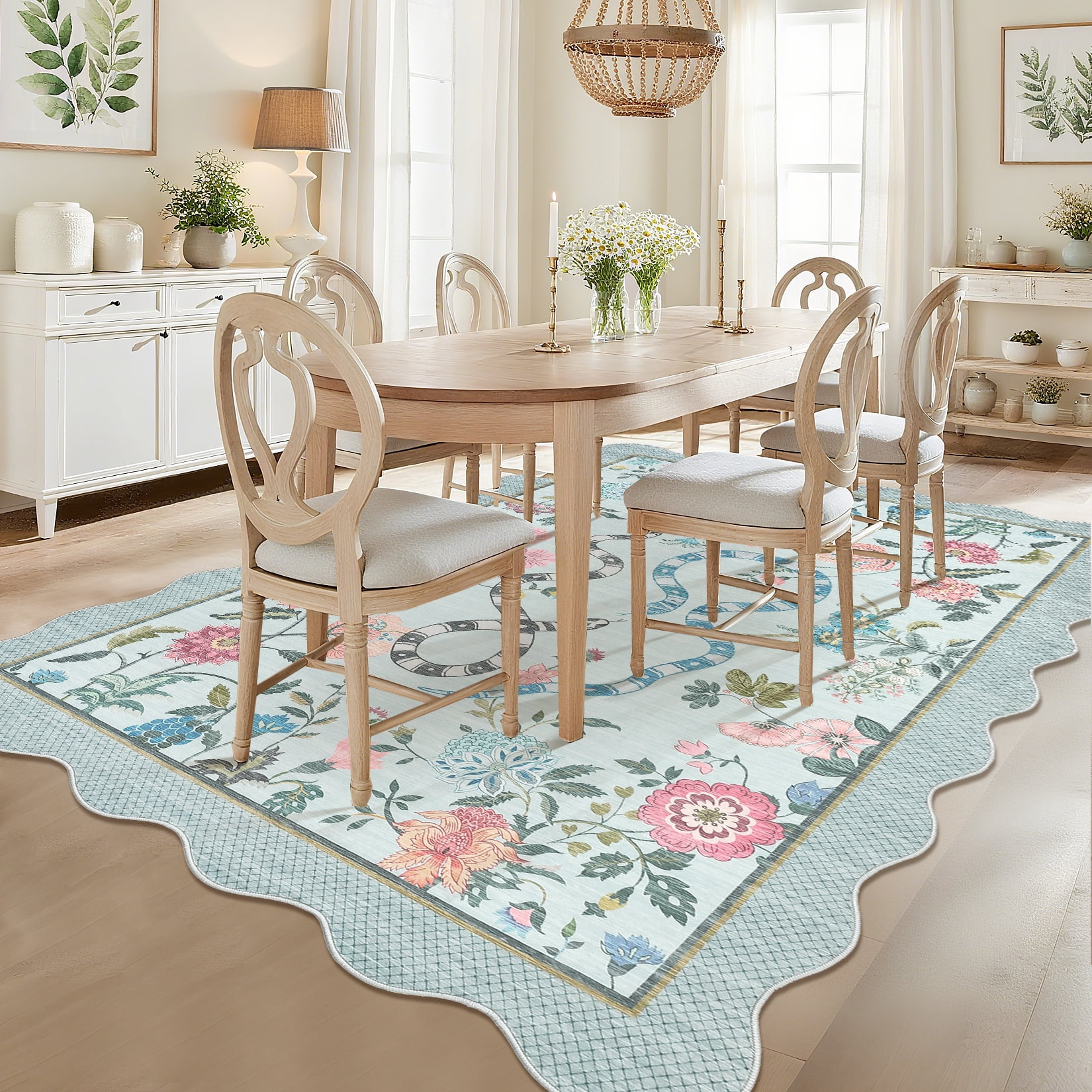 HOMERRY Scalloped Snake Animal Floral Print Non Slip Area Rug 8' x 10' for Living Room Washable Indoor Carpet, Blue