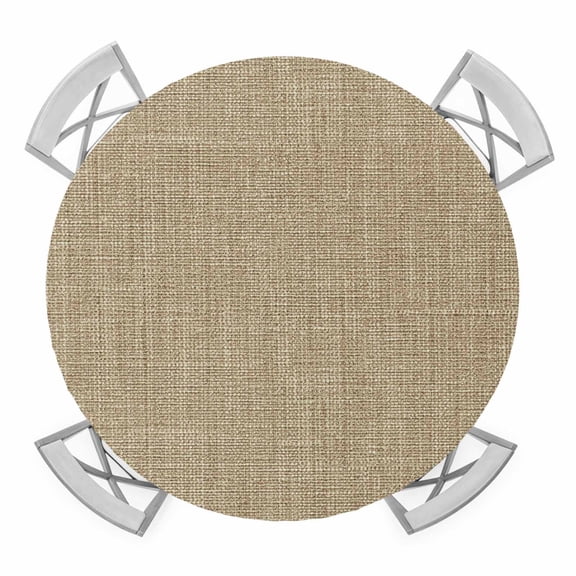Beige Round Fitted Tablecloth with Elastic Edge, Waterproof Table Cloth Table Cover for 45"-54" Tables, Farmhouse Burlap Solid Brown Color Modern Linen Texture Tablecloths for Dining Picnic Outdoor