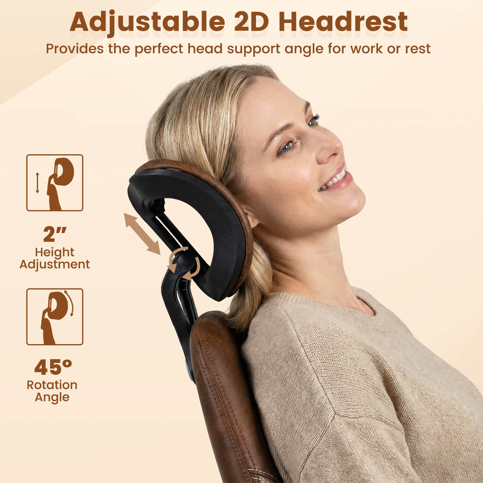Costway Ergonomic Office Chair with 2D Headrest, Rocking Backrest & Wheels, Gaming Chair Brown & Beige