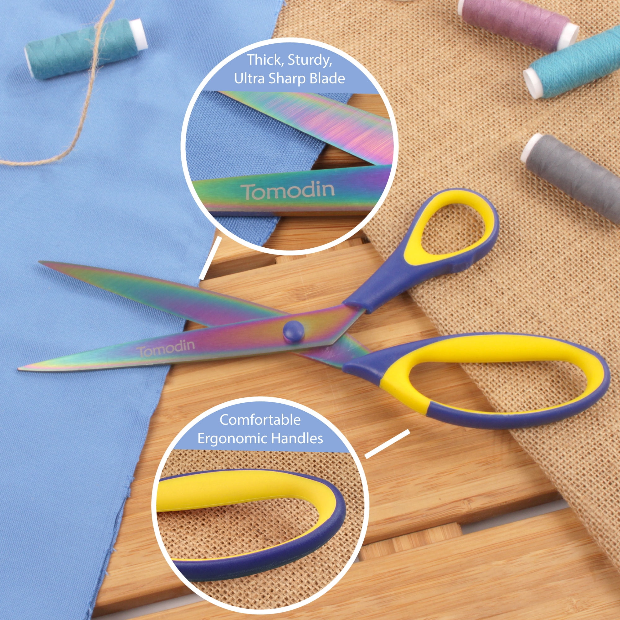 BambooMN Titanium Softgrip Scissors Set - Pinking, Sewing, Arts, Crafts, Office - 10 Sets of 4 - Blue w/Yellow