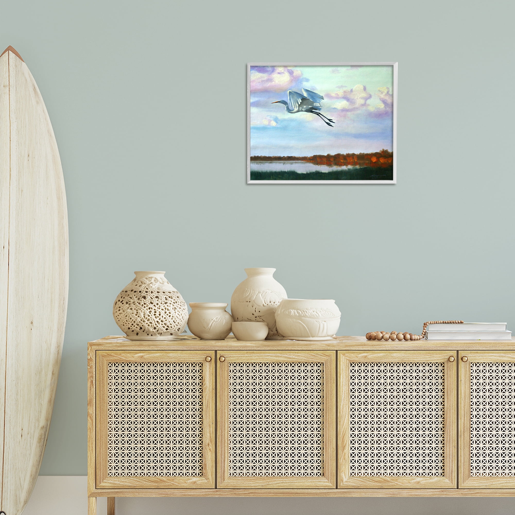 Stupell Industries Egret Over Lake Shore Landscape Painting White Framed Art Print Wall Art, 20 x 16