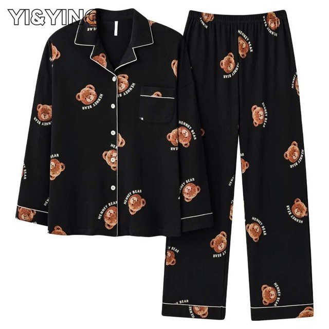 YI & YING-Pijama de algodón puro de manga larga para hombre y mujer, conjunto de oso de decoración para el hogar, primavera y otoño, WAZC116