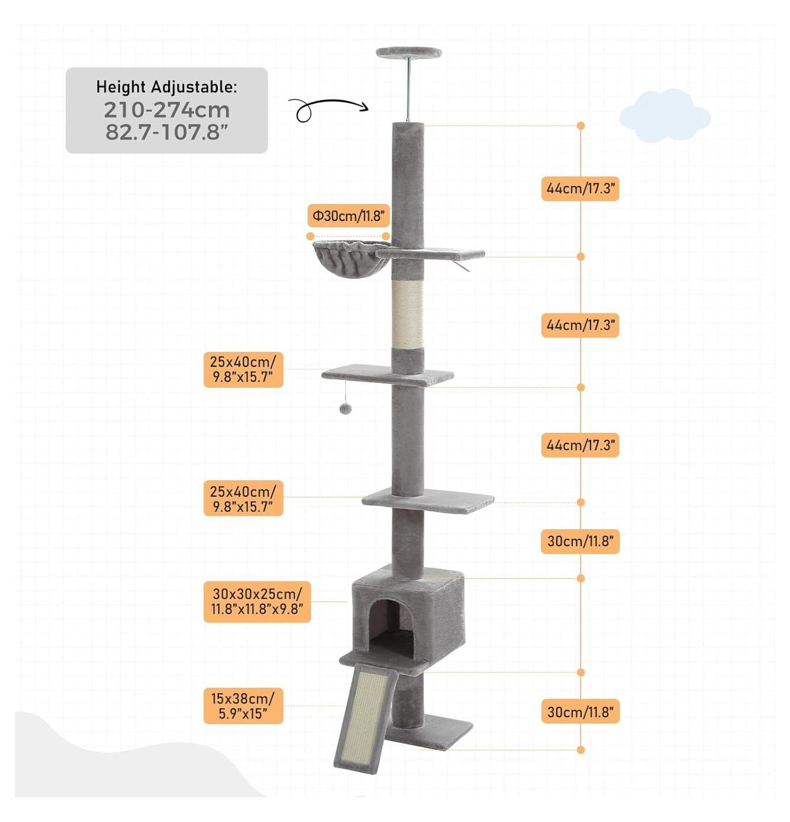Floor to Ceiling Cat Tree, Tall Cat Tower Adjustable Height 83-108", 5 Levels Cat Climbing Tree with Condo & Hammock, Scratching Post, Grey