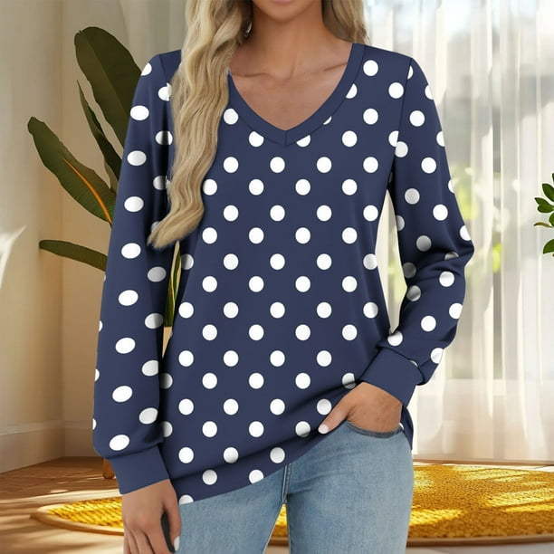 Heisall Womens Tops Long Sleeve V-Neck Loose Casual Tshirts Polka Dot Print Spring Autumn Fashion