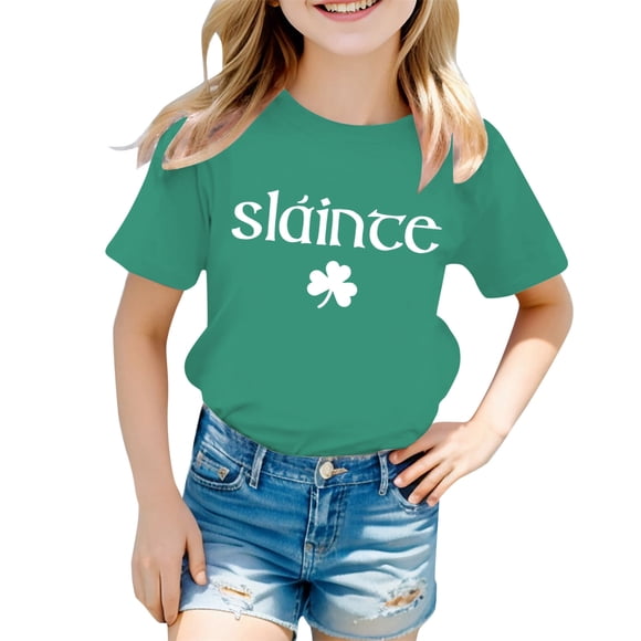 Hauts pour Filles - Imprimé St Pat Col Rond Manches Courtes pour Enfants et Tenues Confortables pour Jeunes Fashionistas