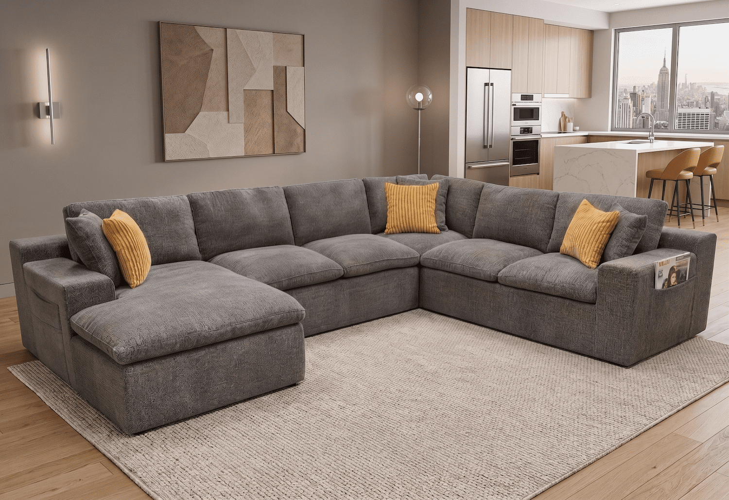Howcool 135" Oversized Cloud Couch Modular Sectional Sofa, Deep Seat Sectional Couch with Side Pockets & Toss Pillows, 6 Seat Upholstered Sofa with Toss Pillows for Living Room,Grey